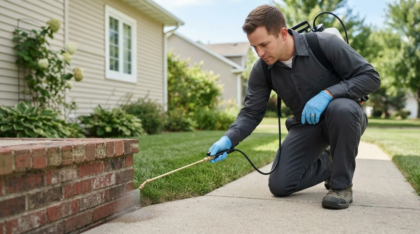 Pest control technician treating a home near Plato, MN